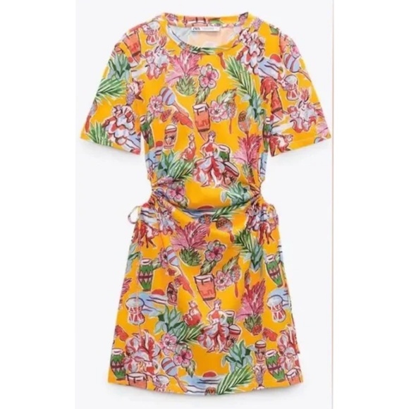 Zara Women's Orange Tropical Print Cut Out Sides T-Shirt Mini Dress Size M - Picture 1 of 9